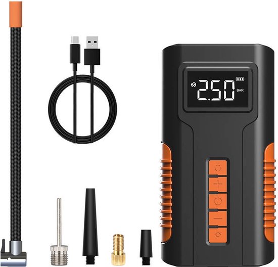 Lopoleis® Draagbare Compressor – Elektrische Fietspomp – Luchtcompressor – Bandenpomp – Auto Fiets Scooter Bal – Zaklamp – Powerbank – 10,3 bar – 6000 mAh – Zwart