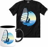 Windsurfer | Wind zeilen - Boot - Zeilboot - T-Shirt met mok - Unisex - Zwart - Maat L
