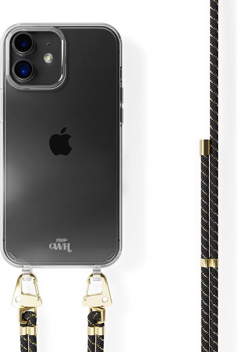 xoxo Wildhearts siliconen hoesje - Geschikt voor iPhone 12 - Gold Goddess - Telefoonhoesje - Hoesje met koord - Telefoonkoord - Zwart - Goud - Transparant hoesje