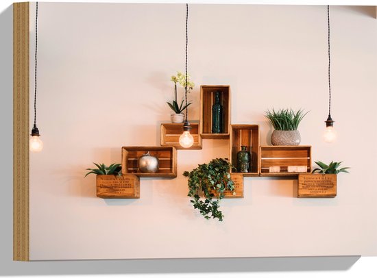 Hout - Trio Lampen voor Kistjes met Planten aan de Muur - 40x30 cm - 9 mm dik - Foto op Hout (Met Ophangsysteem)