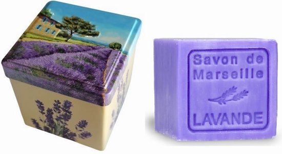 Metalen zeepblik vierkant met opdruk Vue Provence met zeepblok Lavendel – Vintage voorraadblik – Franse handzeep – Marseille zeep Marseillezeep