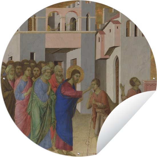 Tuincirkel Jesus opens the eyes of a man born blind - Schilderij van Duccio - 90x90 cm - Ronde Tuinposter - Buiten