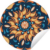 Tuincirkel Zonnebloemen - Bladeren - Oranje - Blauw - 60x60 cm - Ronde Tuinposter - Buiten