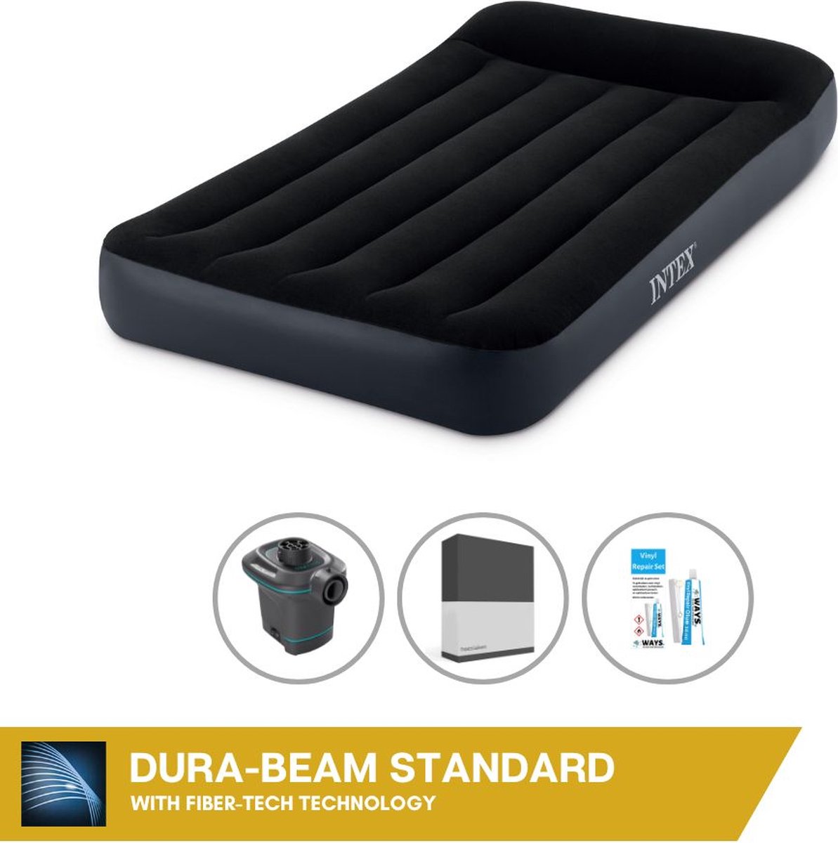 Intex Luchtbedset Intex Luchtbed - 1-Persoons - 99 x 191 x 25 cm - Zwart + Intex Elektrische Pomp - 650 Liter/min + Hoeslaken Zwart + Reparatieset