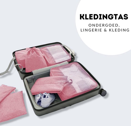Roze kledingorganizer set in een koffer.