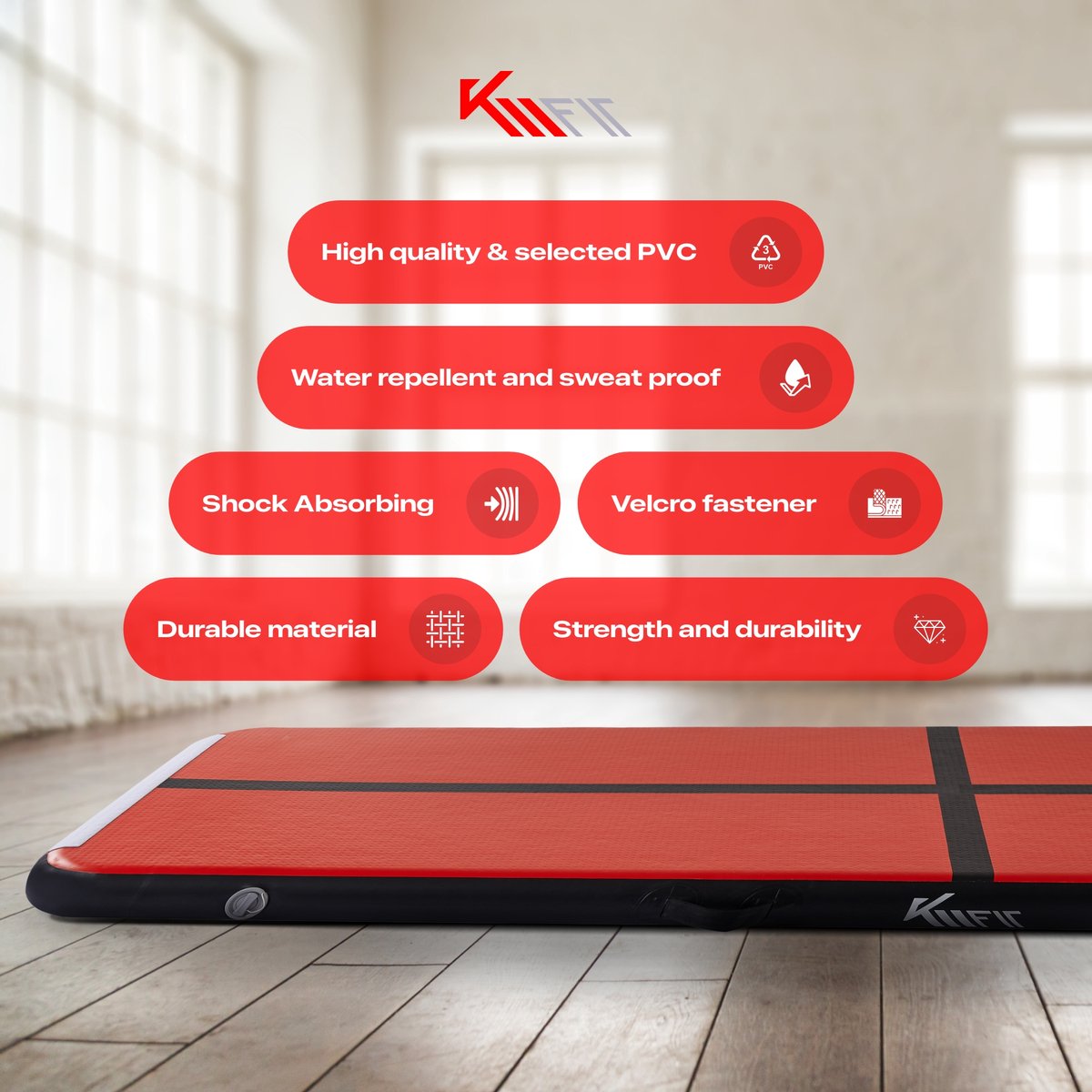 KM KM Fit Airtrack Tapis de gymnastique, gonflable, 5 m, avec sac de transport, pompe à air électrique et kit de patchwork, tapis de yoga, tapis d'entraînement, résistant aux UV, de gymnastique