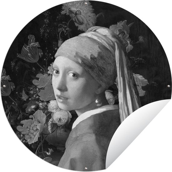 Garden Circle La Jeune Fille à la Perle - Johannes Vermeer - Zwart - Wit - 90x90 cm - Affiche de Jardin Ronde - Extérieur