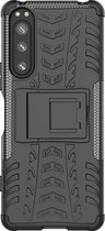 Mobigear Hoesje geschikt voor Sony Xperia 5 IV Telefoonhoesje Hardcase | Mobigear Tire Backcover Shockproof met Standaard | Schokbestendig Xperia 5 IV Telefoonhoesje | Anti Shock Proof - Zwart