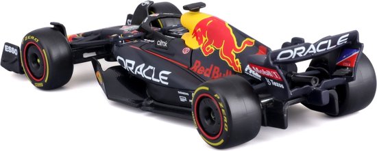 Zwarte Formule 1 auto RB18 met Red Bull logo op de motorkap en gele accenten.