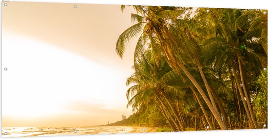 Tuinposter – Kokosnoot Palmbomen aan het Strand tijdens Felle Zonsopkomst - 200x100 cm Foto op Tuinposter (wanddecoratie voor buiten en binnen)
