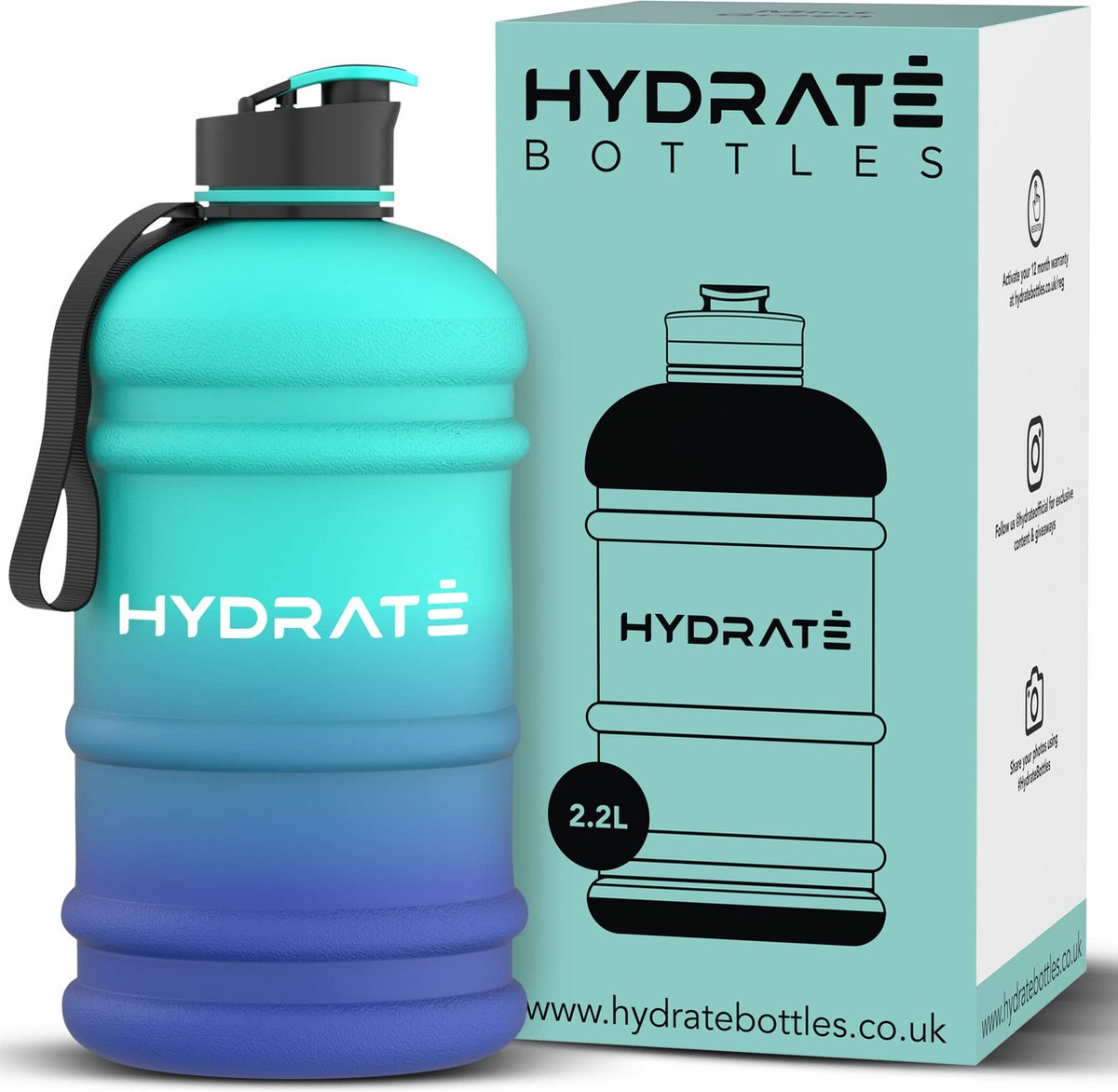 HYDRATE 2,2 liter sportfles - duurzaam en extra sterk - BPA vrij - ideaal voor: Sportschool, Dieet, Bodybuilding, Buitensport, Wandelen en Kantoor - Grote Waterfles (Blue Lagoon)