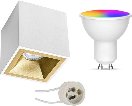 Opbouwspot Set GU10 - Oficto - Smart LED - Wifi LED - Slimme LED - 5W - RGB+CCT - Aanpasbare Kleur - Dimbaar - Afstandsbediening - Proma Cliron Pro - Opbouw Vierkant - Mat Wit/Goud - Verdiept - 90mm