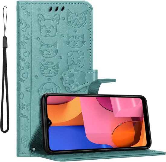 Coque Cadorabo pour Samsung Galaxy A20s en VERT BRILLANT - Chiens et Chats Mignons - Coque de Protection avec Fonction Support et Emplacements pour Cartes