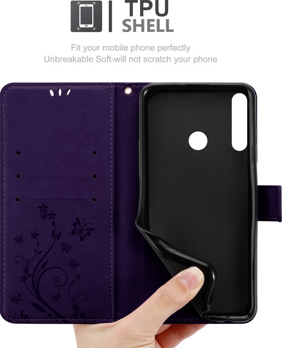 Cadorabo Hoesje geschikt voor Huawei P40 LITE E in BLOEMEN DONKER PAARS - Beschermhoes in bloemmotief met magnetische sluiting, standfunctie en kaartsleuven Book Case Cover Etui