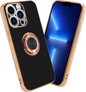 Cadorabo Hoesje geschikt voor Apple iPhone 13 PRO in Glossy Zwart - Goud met ring - Beschermhoes van flexibel TPU-silicone Case Cover met camerabescherming en magnetische autohouder