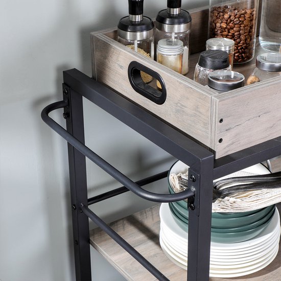 VASAGLE serveerwagen in industriële uitvoering, keukenwagen, wagen op wielen, keukenplank, in hout en metaal, op 4 wielen, 3 niveaus voor keuken en woonkamer, vintage, donkerbruine LRC78X