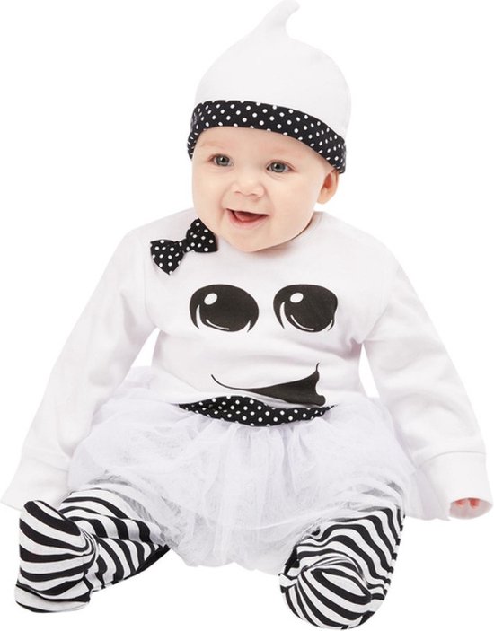 Smiffy's - Spook & Skelet Kostuum - Baby Spook Jurkje Kind - Zwart / Wit - 6 - 9 Maanden - Halloween - Verkleedkleding