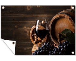 Tuinposter - Tuindoek - Tuinposters buiten - Wijn - Wijnglas - Wijnvaten - Druiven - Glas - 120x80 cm - Tuin