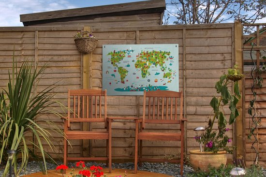 Tuinposter 60x40 cm - Tuindecoratie Wereldkaart Kinderen - Kleuren - Groen - Poster voor in de tuin - Buiten decoratie - Schutting tuinschilderij - Tuindoek muurdecoratie - Wanddecoratie balkondoek