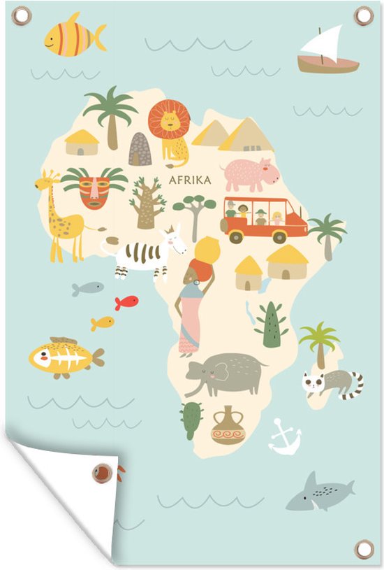 Tuinposter - Tuindoek - Tuinposters buiten - Wereldkaart Kinderen - Afrika - Kleuren - 80x120 cm - Tuin
