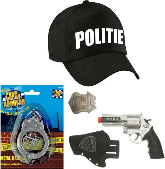 Foto: Politie verkleed cap pet zwart met pistool holster badge handboeien voor kinderen