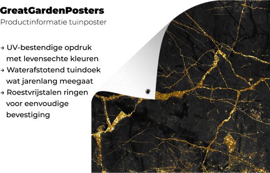 Tuinposter 100x100 cm - Tuindecoratie Marmer - Goud - Zwart - Marmerlook - Luxe - Glitter - Poster voor in de tuin - Buiten decoratie - Schutting tuinschilderij - Tuindoek muurdecoratie - Wanddecoratie balkondoek