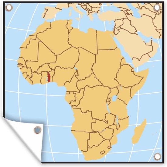 Une illustration d'une carte de l'Afrique avec le Togo en affiche de jardin rouge 100x100 cm - Toile de jardin / Toile d'extérieur / Peintures d'extérieur (décoration de jardin)