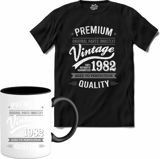 Vintage Legend Sinds 1982 - verjaardag en feest cadeau - Kado tip - T-Shirt met mok - Unisex - Zwart - Maat XL