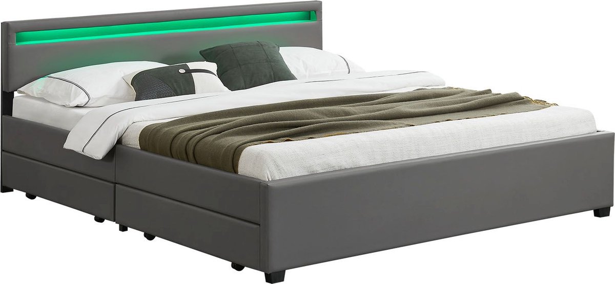 Gestoffeerd bed Lyon - 180 x 200 cm - Donkergrijs - LED Verlichting & Bedlades