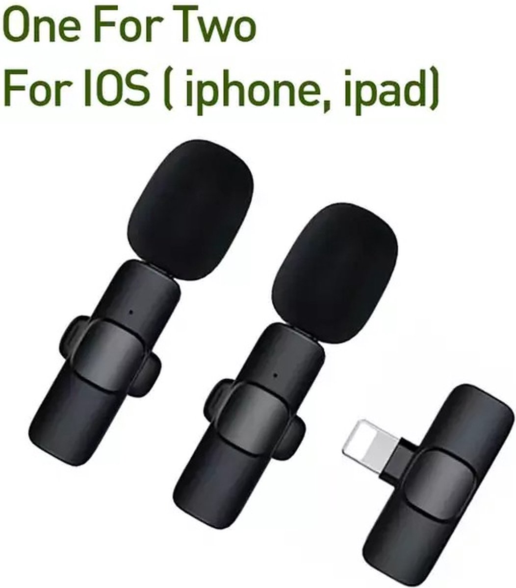 TechU™ 2 Stuks Mini Draadloze Microfoon – voor iOS – iPhone Aansluiting – Interviews Opnemen – Met Clip – Zwart