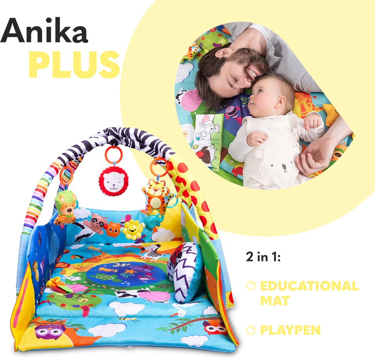 Lionelo Anika Plus 2-in-1 Babygym & Speelkleed – Met Verhoogde Randen (Boxfunctie) – Inclusief Tummy Time Kussen, Interactief Boekje & 5 Speeltjes – 115x110 cm — afbeelding 6