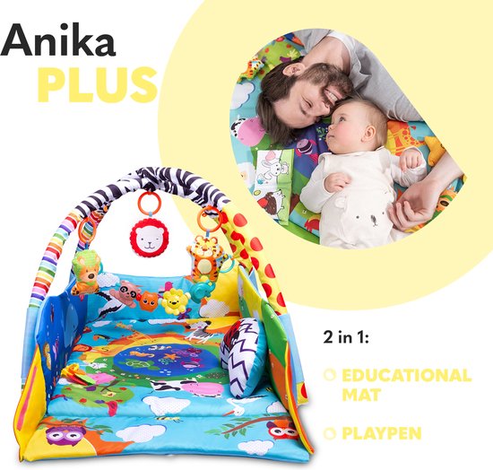 Lionelo Anika Plus 2-in-1 Babygym & Speelkleed – Met Verhoogde Randen (Boxfunctie) – Inclusief Tummy Time Kussen, Interactief Boekje & 5 Speeltjes – 115x110 cm