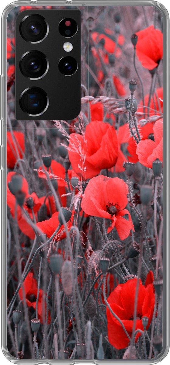Telefoonhoesje Geschikt voor Samsung Galaxy S21 Ultra hoesje - Rode Klaprozen in een zwart wit afbeelding - Siliconen Telefoonhoesje Telefoonhoesje
