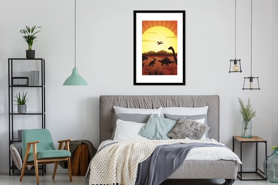 Affiche dans cadre photo enfant - Dino - Soleil - Nature - Dessin - Enfants - Garçons - Décoration murale chambre d'enfant - Décoration murale garçons - 60x90 cm - Décoration Kinder