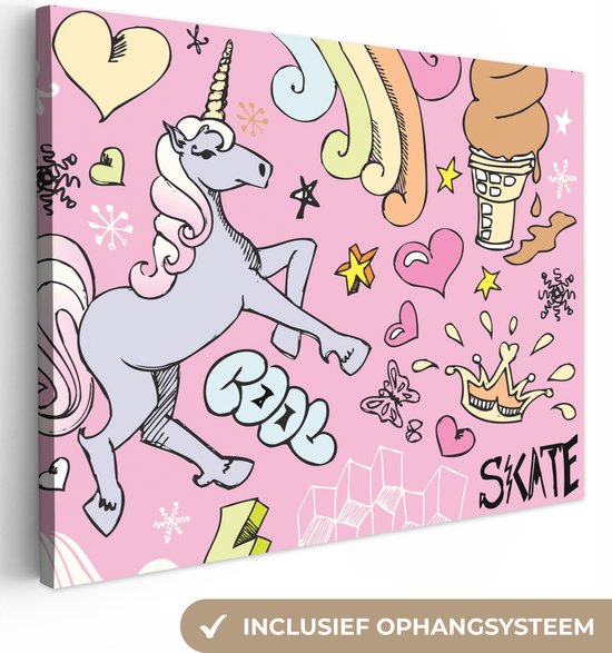 Canvas schilderij eenhoorn - Unicorn - Design - Roze - Regenboog - IJs - Canvas doek kids - Decoratie voor kinderkamers - Wanddecoratie - 120x90 cm