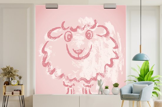 Une illustration d'un mouton dans une fotobehang rose