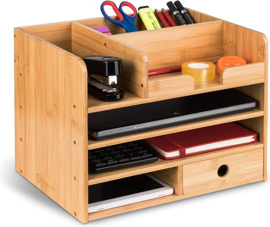 Relaxdays Organisateur De Bureau En Bambou Naturel - 13 Compartiments Pour Lettres, Stylos Et Documents - 21x27x10 Cm
