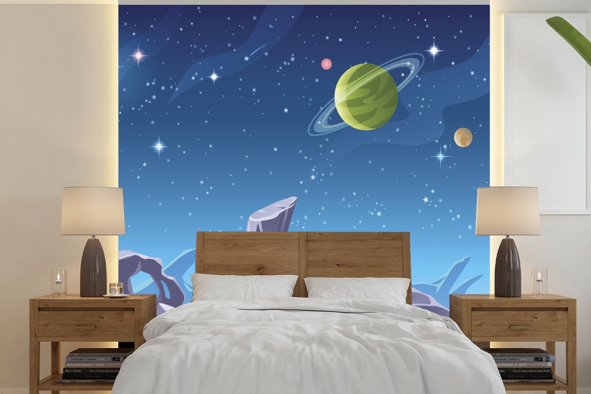 Behang - Fotobehang een maanoppervlak met zichtbare planeten - Breedte 350 cm x hoogte 350 cm