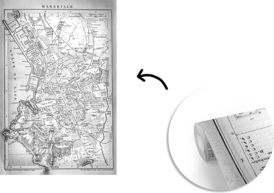 Behang - Fotobehang Illustratie van een historische stadskaart van het Europese Marseille - zwart wit - Breedte 195 cm x hoogte 300 cm - Plattegrond