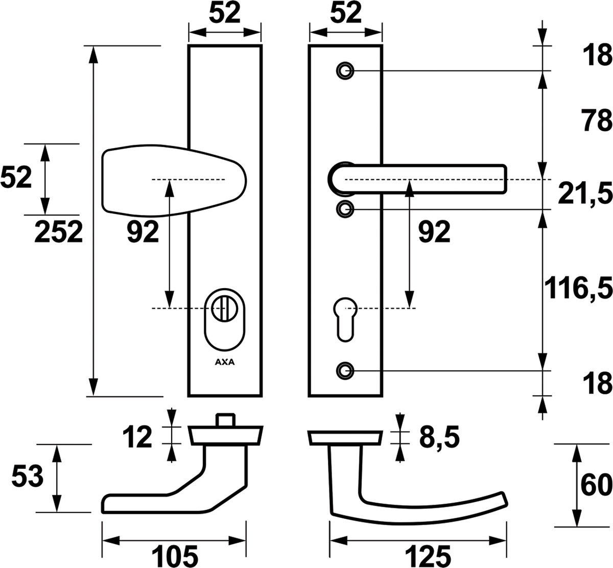 AXA Veiligheidsbeslag (Edge Plus) Aluminium glad: bedienbare Knop-Kruk (model Wing-Blok) PC92 met kerntrekbeveiliging SKG***