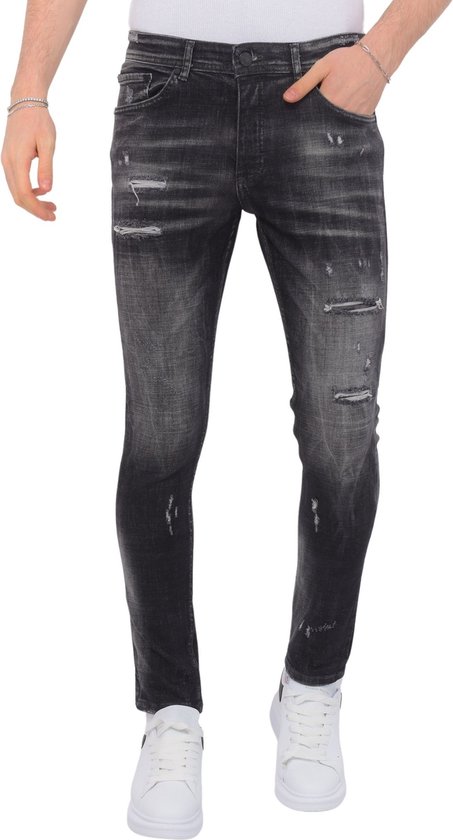 Stonewashed Ripped Mannen Jeans - Slim Fit -1085- Zwart