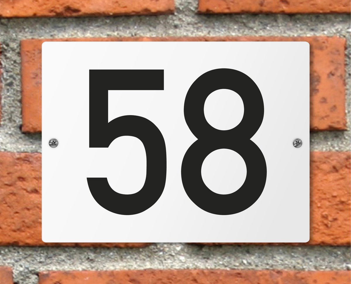 Huisnummerbord wit - Nummer 58 - standaard - 16 x 12 cm - schroeven - naambord - nummerbord - voordeur