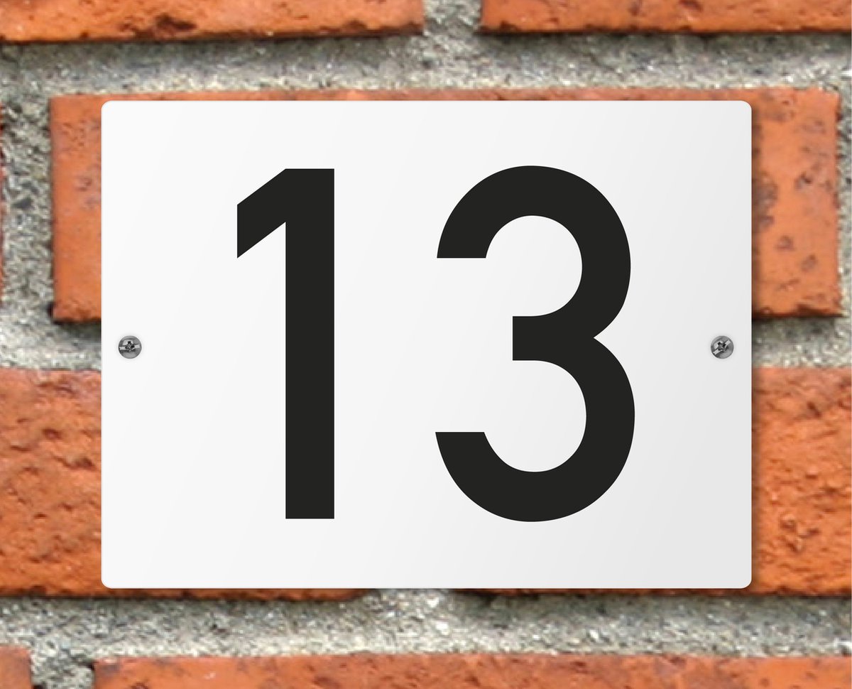 Huisnummerbord wit - Nummer 13 - standaard - 16 x 12 cm - schroeven - naambord - nummerbord - voordeur