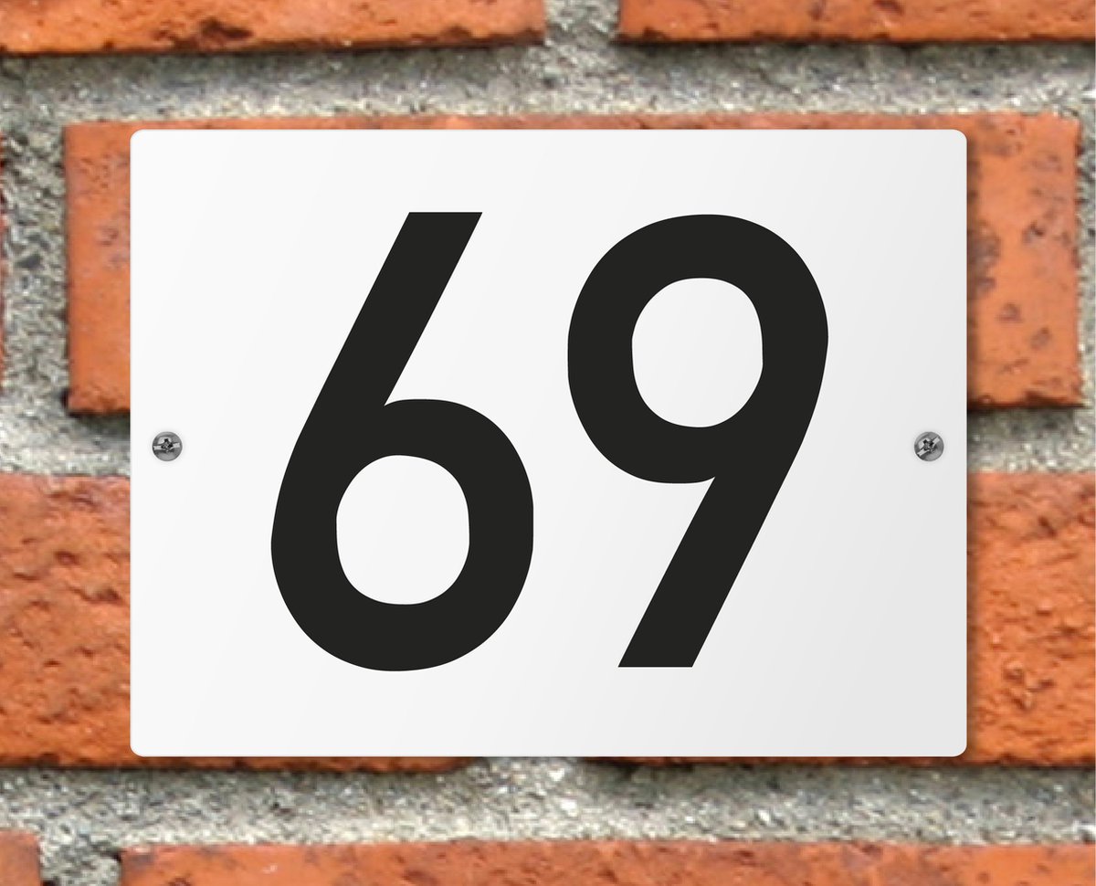 Huisnummerbord wit - Nummer 69 - standaard - 16 x 12 cm - schroeven - naambord - nummerbord - voordeur