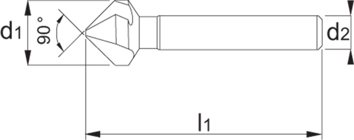 Phantom HSS-E Vari verzinkboor 90°‚ 3 snijkanten‚ TiAlN‚ drievlaks schacht, Ø12,4mm, min/max Ø: 2,8-12,4, l1: 56, d2:8