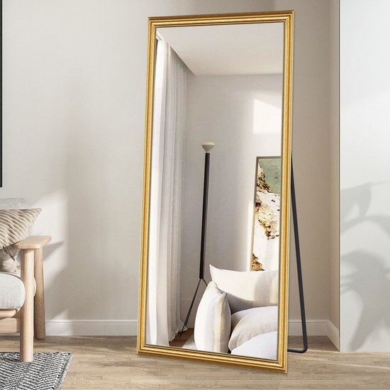 SensaHome - Klassieke Staande Design Wandspiegel - Staande Rechthoekige Spiegel met Lijst - Goud - Modern - Kleedkamer Spiegel/ Badkamerspiegel - 70x170x4 CM