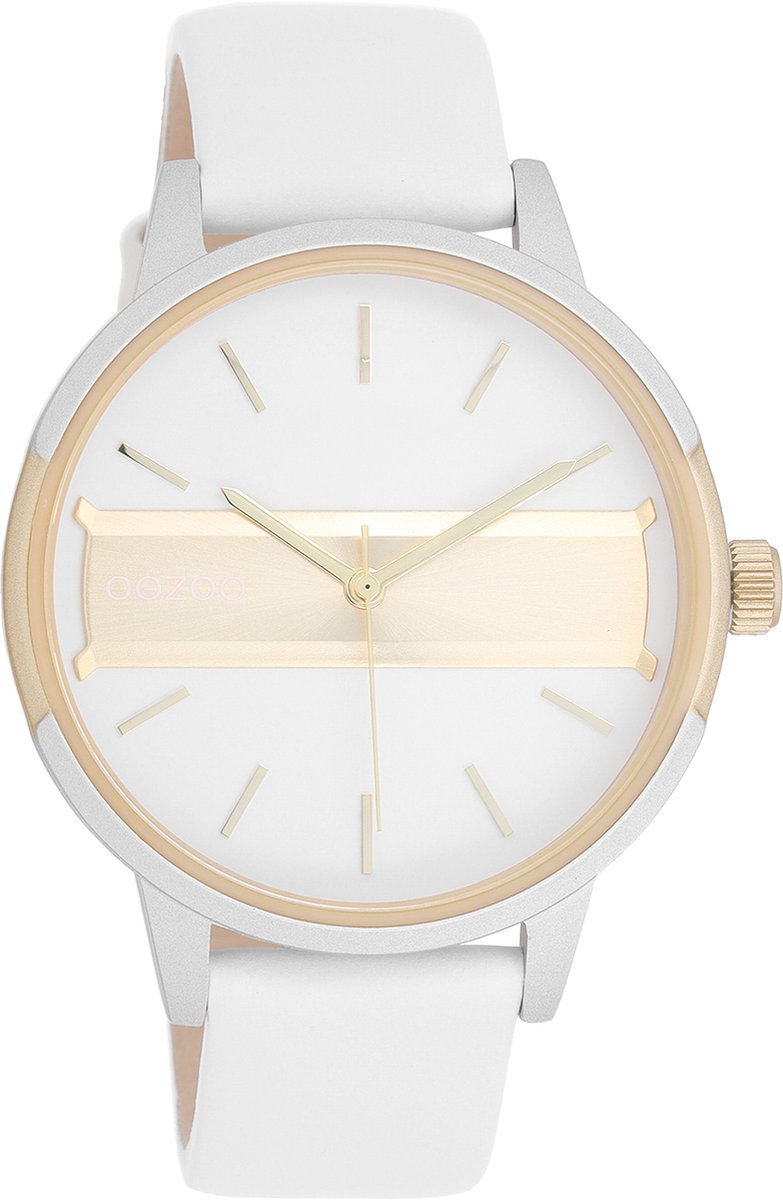 OOZOO Timepieces - Zilverkleurig-champagne horloge met witte leren band - C11150