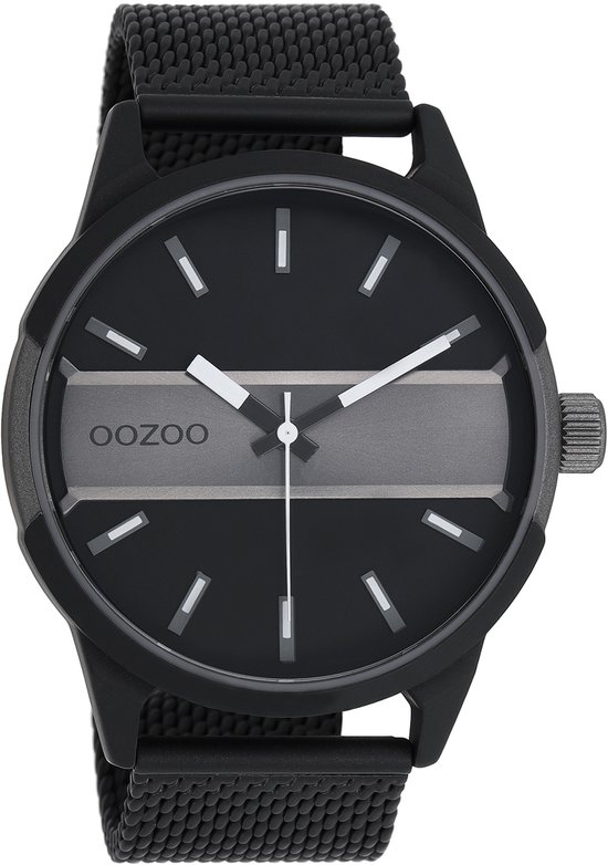 OOZOO Timepieces - Zwart/donker grijze horloge met zwarte metalen mesh armband - C11109