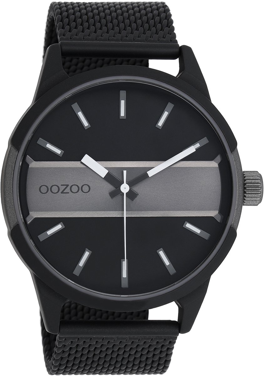 OOZOO Timepieces - Zwart-donker grijze horloge met zwarte metalen mesh armband - C11109