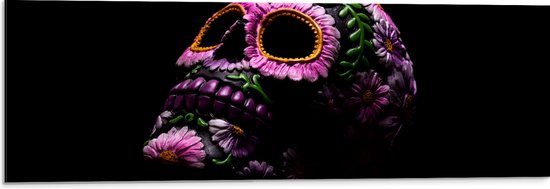 Dibond - Doodskop Versierd met Paarse Bloemen en Groene Planten tegen Zwarte Achtergrond - 90x30 cm Foto op Aluminium (Met Ophangsysteem)